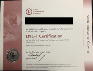 LPIC Level 1 認定証