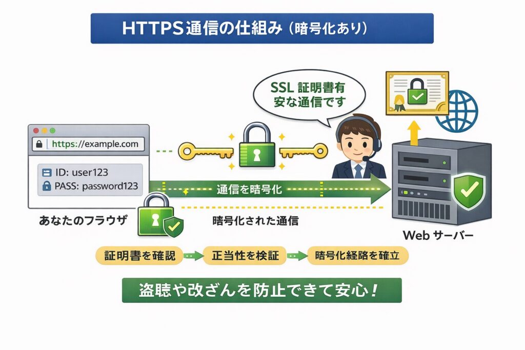 HTTPS通信の仕組み（暗号化あり）