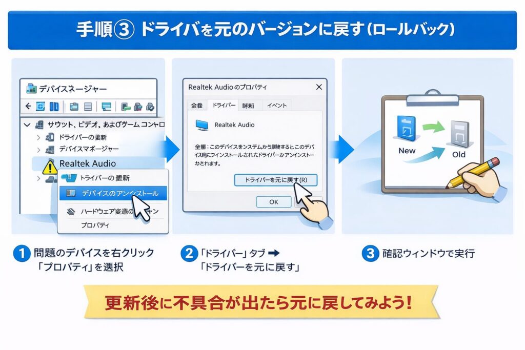 Windows11 更新後手順③ ドライバを元のバージョンに戻す（ロールバック）