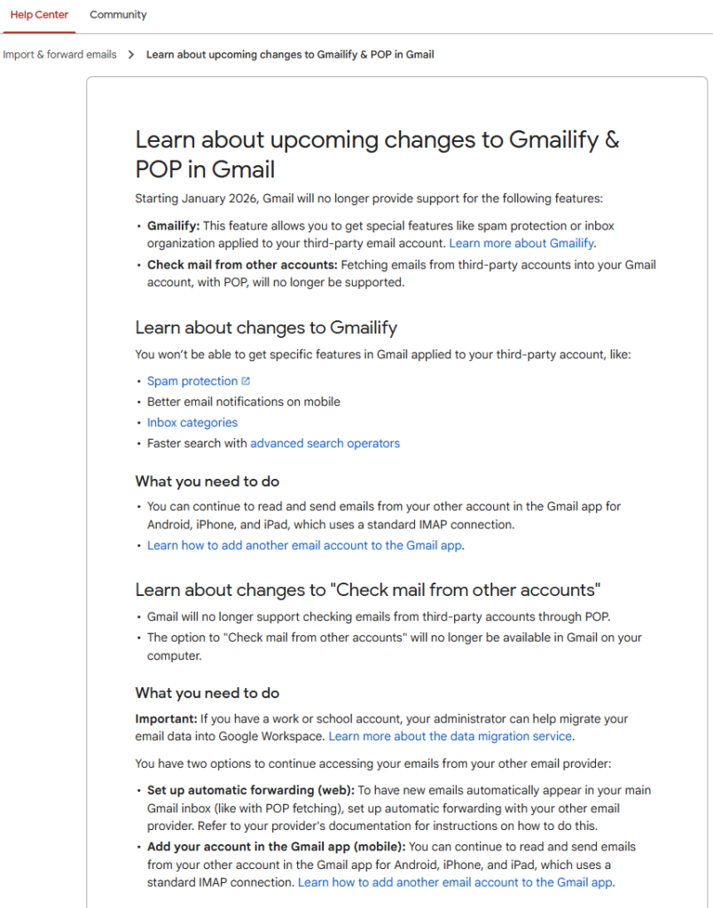 Gmail の Gmailify と POP の今後の変更について