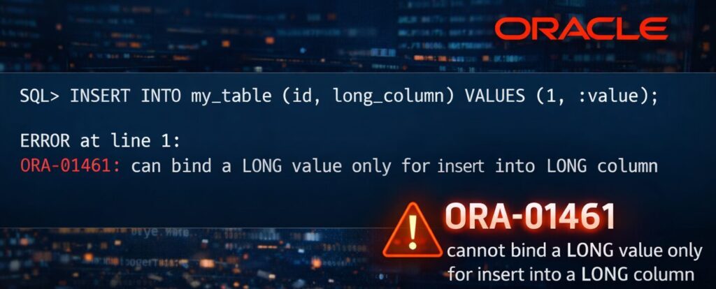 Oracle SQL 実行時に ORA-01461 エラーが表示されている画面