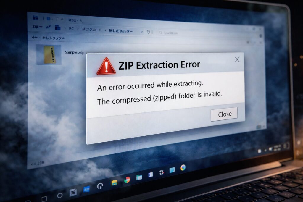 ZIPファイル展開エラーが表示されているWindows画面