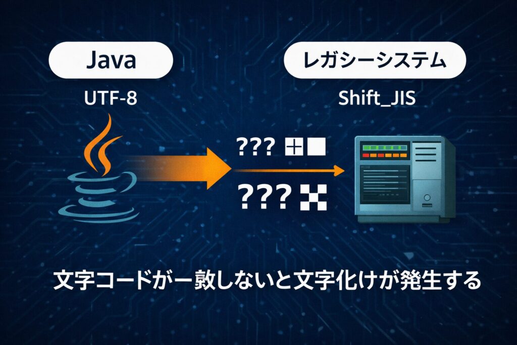 Java 文字コード不一致による文字化けのイメージ図