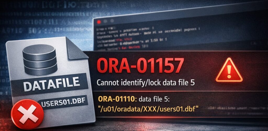 ORA-01157・ORA-01110 が表示されているエラー画面イメージ