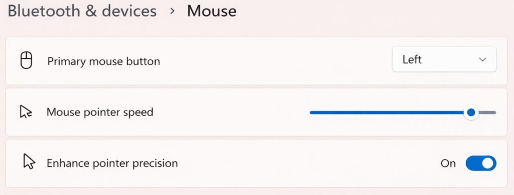 Windows11_設定 &rarr; Bluetoothとデバイス &rarr; マウス 」_英語版
