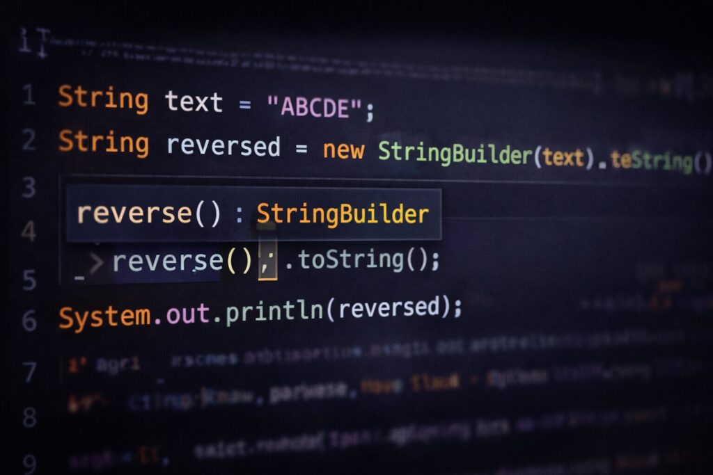Javaコードエディタで reverse() を使用している画面