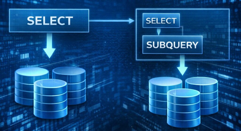 サブクエリの処理イメージ図（内側SELECT&rarr;外側SELECTの流れ）