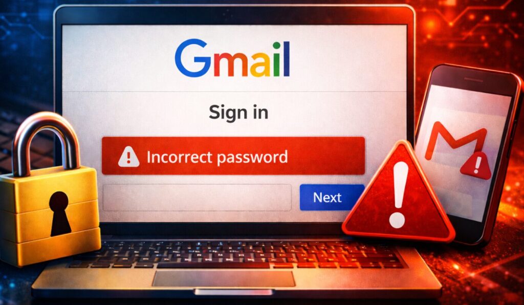 Gmail のログイン画面とエラーメッセージが表示されているイメージ