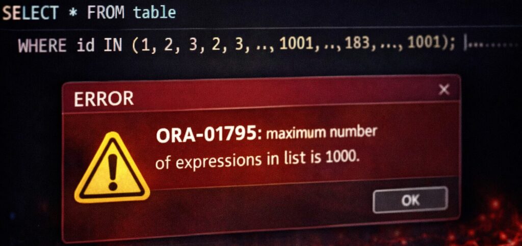 IN 句に 1000 件以上指定してエラーが出ている SQL 実行画面