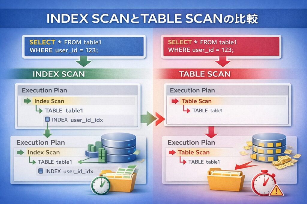 INDEX SCAN と TABLE SCAN を比較した実行計画のイメージ図