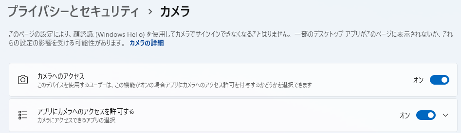 Windows11_プライバシー設定でカメラが有効になっているか