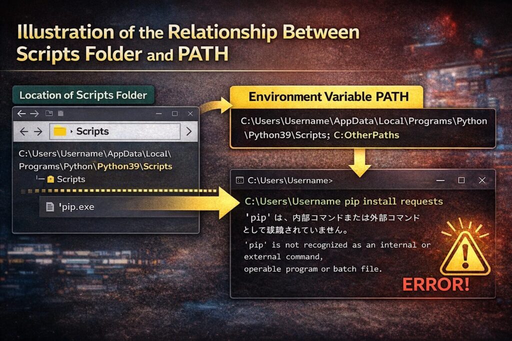 Scripts フォルダと PATH の関係を示した図解