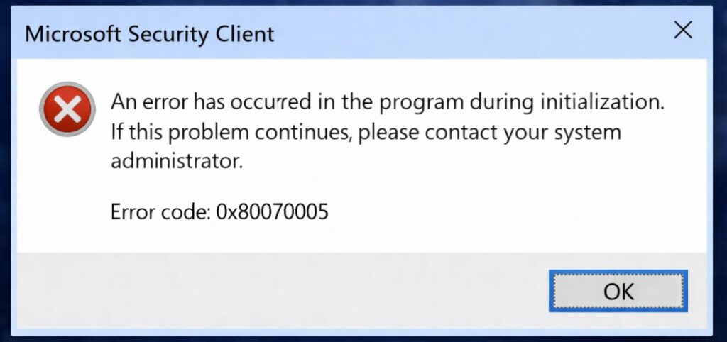 Windows エラーコード 0x80070005 が表示されているエラーダイアログ画面