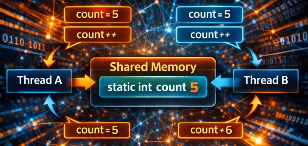static 変数を複数スレッドが同時に参照・更新している図