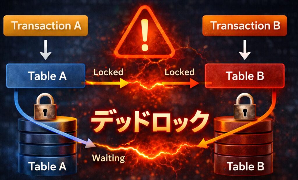 デッドロック発生イメージ図（トランザクションAとBのロック関係図）