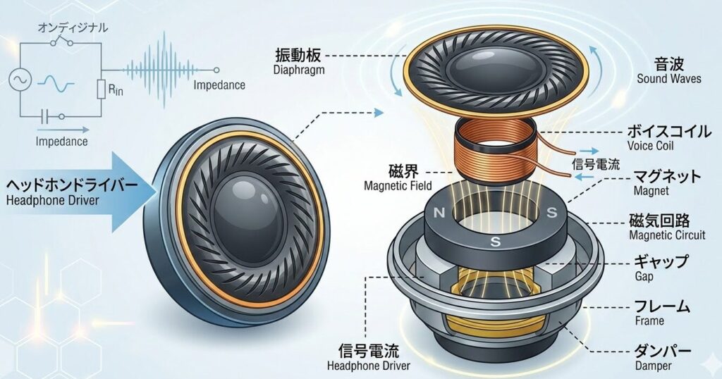 ヘッドホンドライバー構造図：振動板・ボイスコイル・マグネットを図解