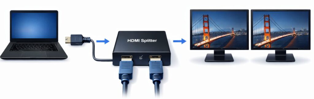 パソコン&rarr;HDMI分配器&rarr;モニター2台へ接続するシンプルな配線図