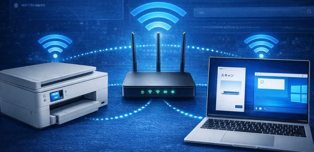 Wi-Fiルーターと複合機、ノートPCが同じネットワークにつながっている構成図