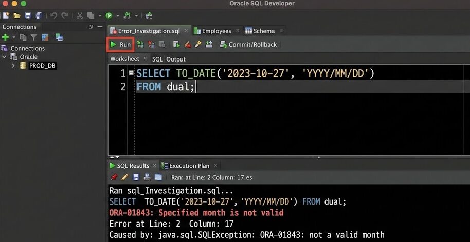 TO_DATEフォーマット不一致によるエラー発生例(SQL実行画面)