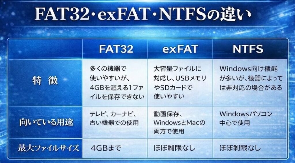 FAT32・exFAT・NTFSの違い