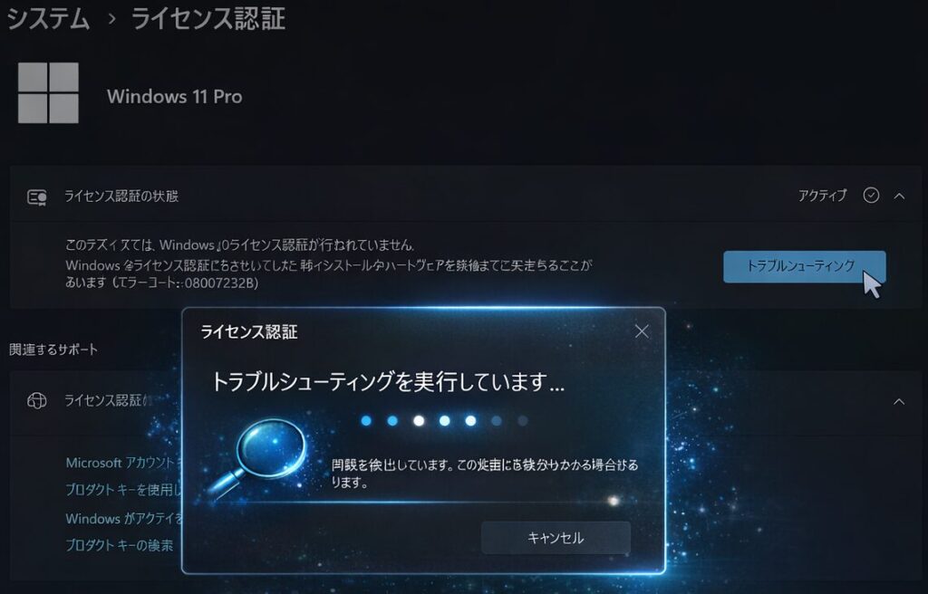 再インストール後に「ライセンス認証」画面でトラブルシューティングを実行しているイメージ